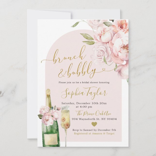 Eleganter rosafarbener Peony Bloral Brunch und Bub Einladung (Vorderseite)