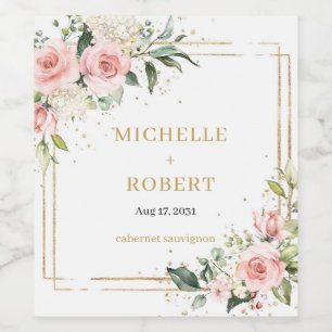 Eleganter, rosafarbener, rosa Rosen, goldfarbener  Weinetikett