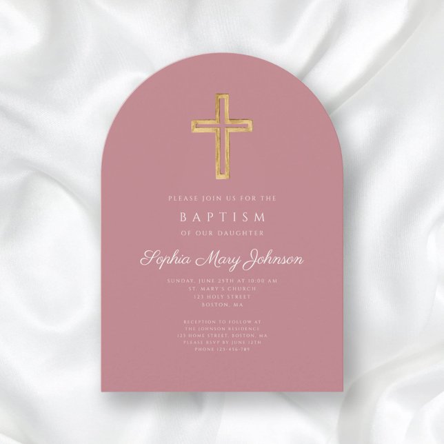 Eleganter rosafarbener Taufmarsch Einladung (Elegant Pink Religious Cross Girl Baptism Arch Invitation)