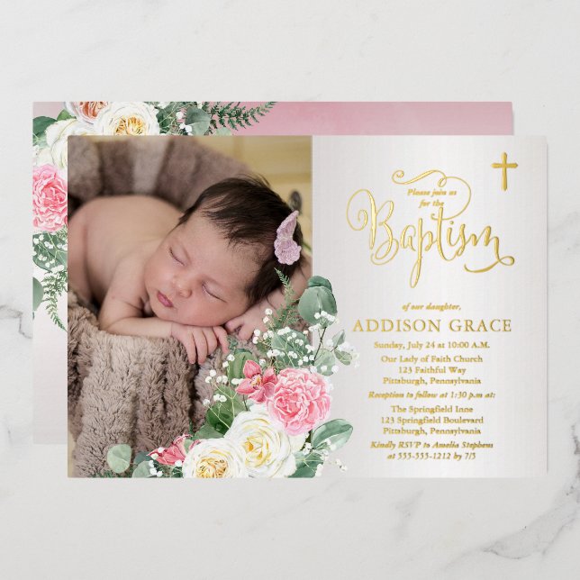 Eleganter Rose Garden - Girl Foto Taufe - Gold Folieneinladung (Vorderseite/Rückseite)