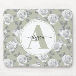 Eleganter Rose Garden in Sage Green Monogram Mousepad