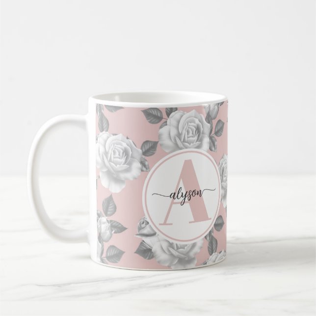 Eleganter Rose Garten in rosa Monogramm Tasse (Links)