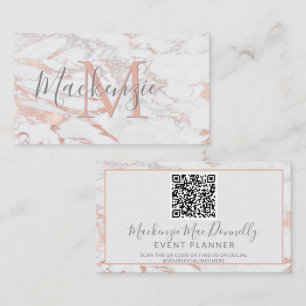 Eleganter Rose Gold Foil Marmor Monogram QR Code Visitenkarte