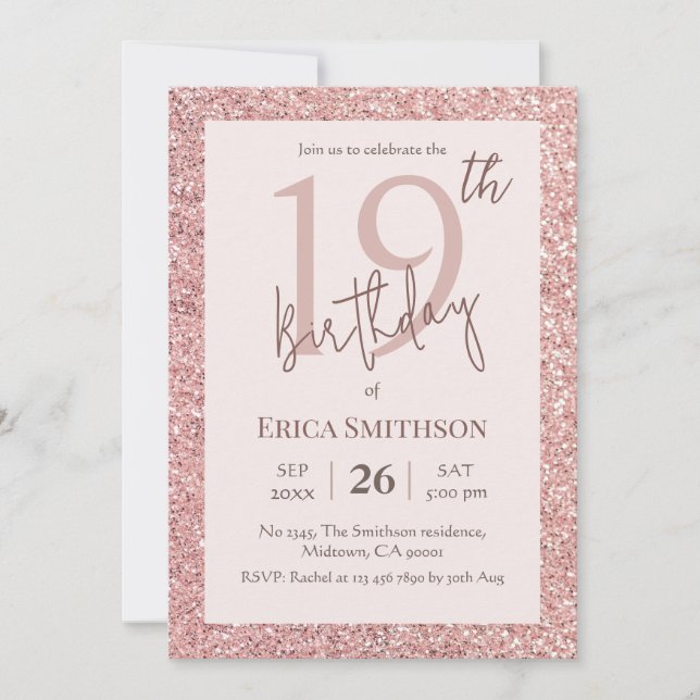 Eleganter Rose Gold Glitzer modern 19. Geburtstag Einladung (Vorderseite)