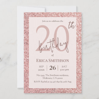 Eleganter Rose Gold Glitzer modern 20. Geburtstag Einladung