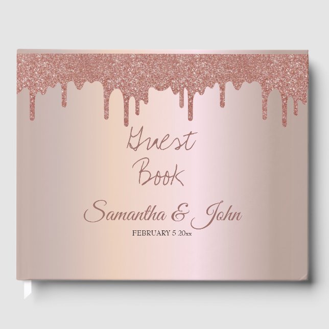 Eleganter Rose Gold Glitzer, Schwarz und Schwarz Gästebuch (Vorderseite)