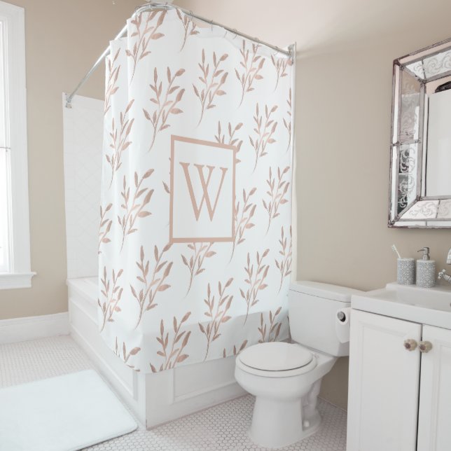 Eleganter Rose Gold Monogram Foliage Duschvorhang (Beispiel)