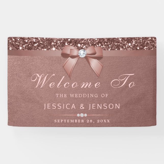 Eleganter Rose Gold Wedding Diamonds Bow Glitzer Banner (Horizontal)
