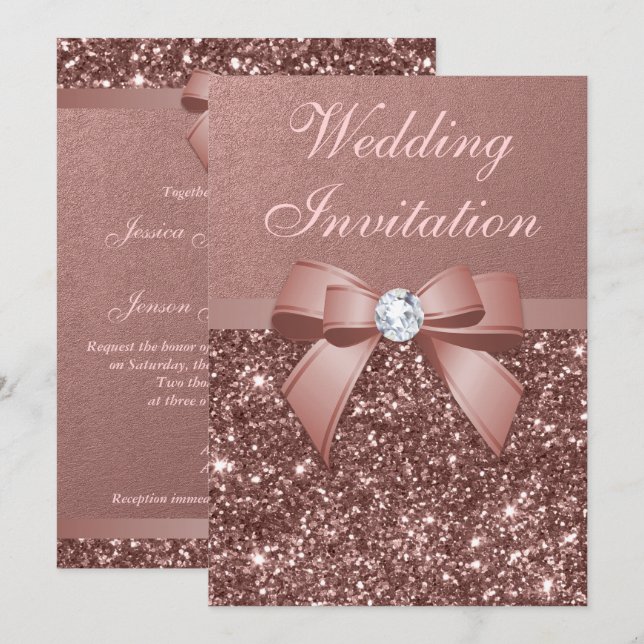 Eleganter Rose Gold Wedding Diamonds Bow Glitzer Einladung (Vorne/Hinten)