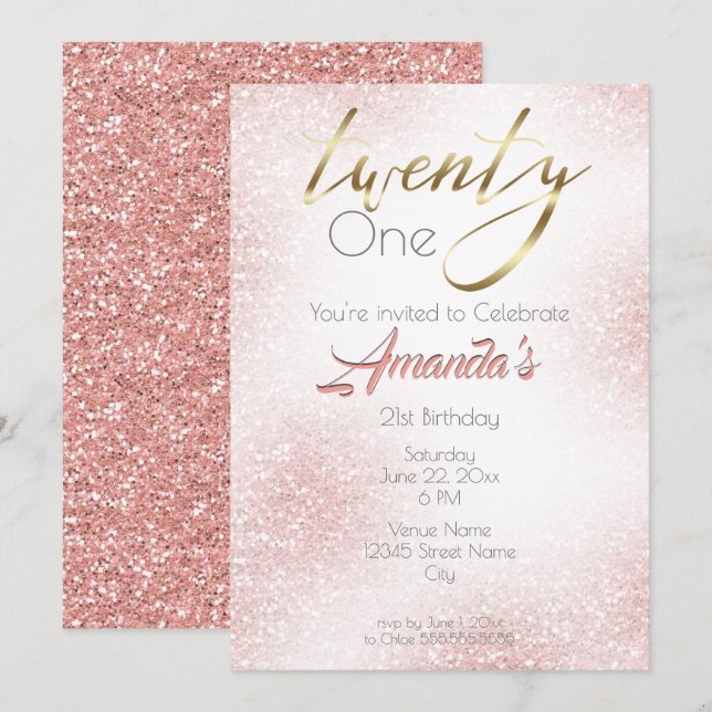 Eleganter Rose Rosa und Gold Glitzer 21. Einladung (Vorne/Hinten)