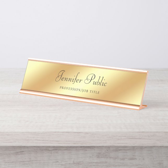 Eleganter Rosen-Goldschablonen-Handskript-Text Schreibtischnamensplakette (Vorderseite )