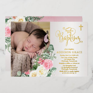 Eleganter Rosengarten - Mädchen-Foto-Taufe - Gold Folieneinladung