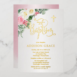 Eleganter Rosengarten - Mädchen-Taufe - Gold Folieneinladung
