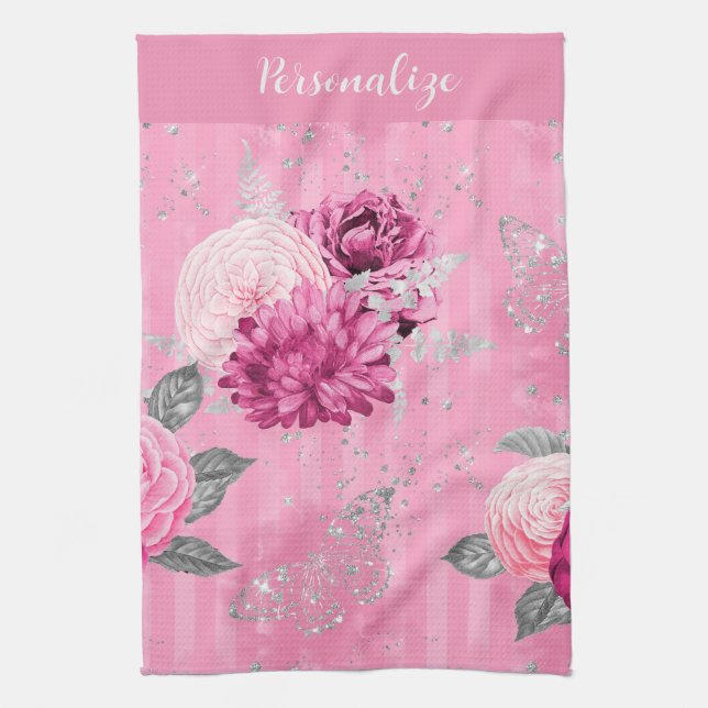 Eleganter Rosenschwarm Silberner Glitzer Schmetter Geschirrtuch (Vertikal)