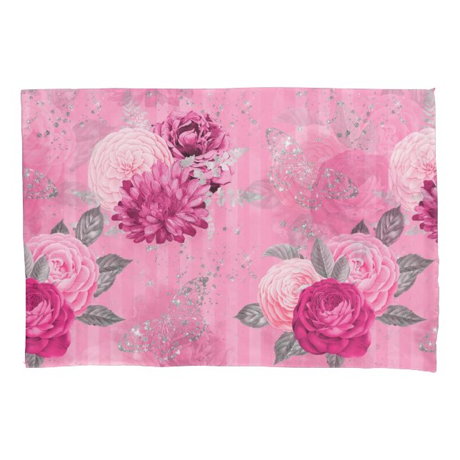 Eleganter Rosenschwarm Silberner Glitzer Schmetter Kissenbezug (Vorderseite)