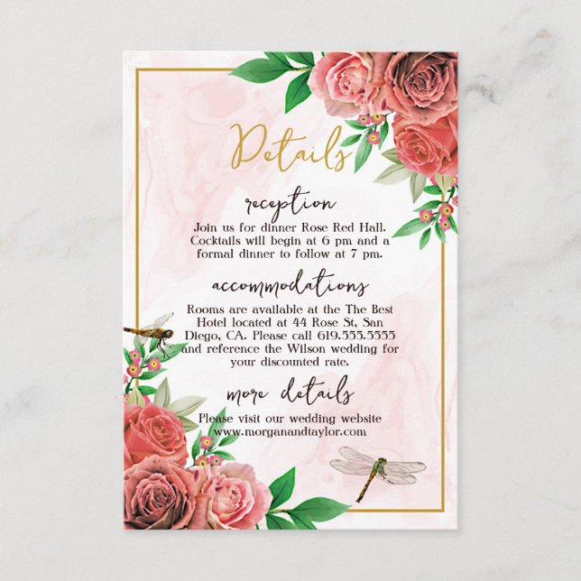 Eleganter Roses & Dragonflies Empfang RSVP Karte (Vorderseite)