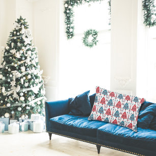 Eleganter Rot-Blauer Skandinavischer Weihnachtsbau Dekokissen