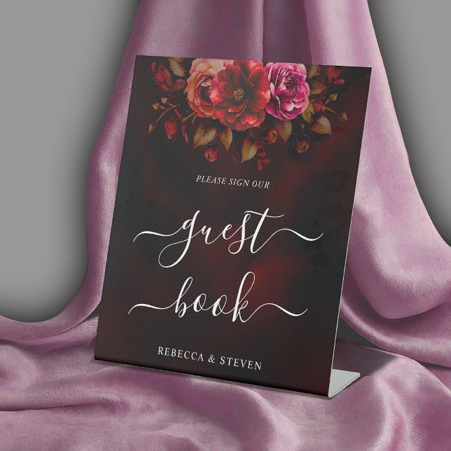 Eleganter Rot-Blütenblütenchic Hochzeitsstimmung Sockelschild (Von Creator hochgeladen)