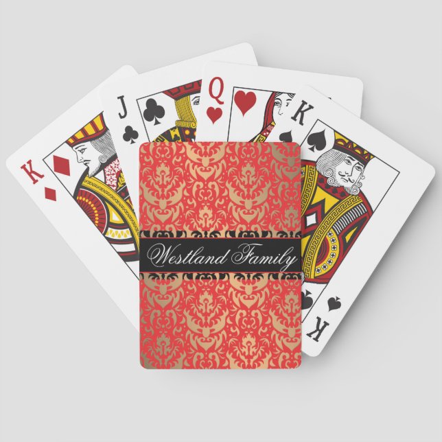 Eleganter Rot- und Gold-Shimmer-Damaskus Fügen Sie Spielkarten (Rückseite)