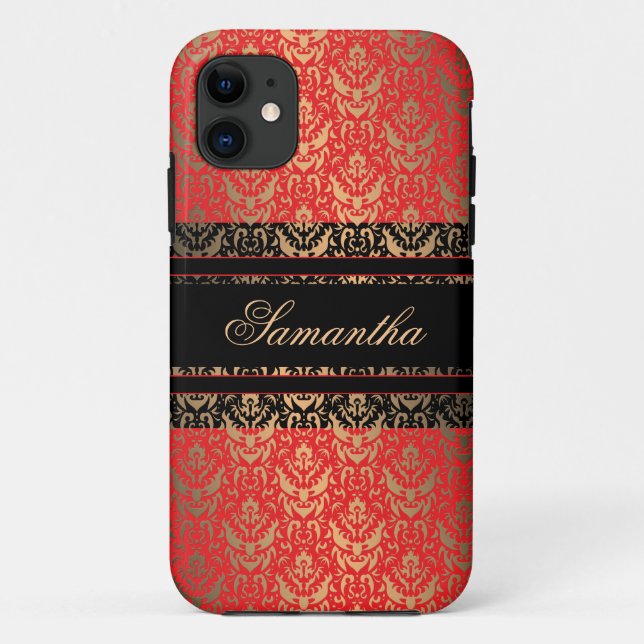 Eleganter Rot- und Goldschimmer-Damaskus-Individue Case-Mate iPhone Hülle (Rückseite)