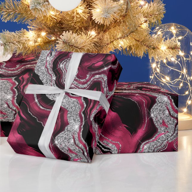 Eleganter Rot- und Silberner Glitzer Agate Birthda Geschenkpapier (Feiertage)
