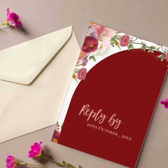 Eleganter Roter Arch Blush Peach Florals Wedding RSVP Karte (Elegant Red Arch Blush Peach Florals Wedding RSVP Card)