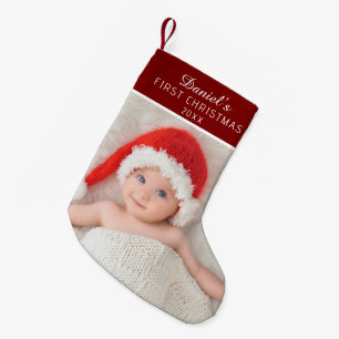 Eleganter roter Baby-Foto-Name Kleiner Weihnachtsstrumpf