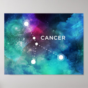 Eleganter roter blauer Aquarell-Nebelfleck-Krebs Poster