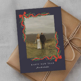 Eleganter Roter Bow mit Grün Foto Neues Jahr Feiertagskarte