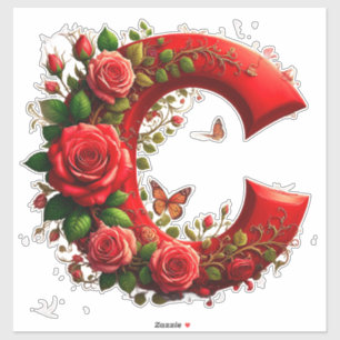 Eleganter roter Buchstabe C mit Rosen und Schmette Aufkleber