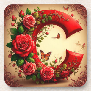 Eleganter roter Buchstabe C mit Rosen und Schmette Getränkeuntersetzer