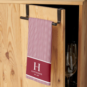 Eleganter roter Burgunder-Streifen-Monogramm-Name Geschirrtuch
