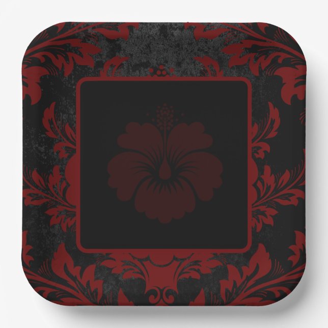 Eleganter, roter Damast Weihnachtsstanzkreuz Telle Pappteller (Vorderseite)