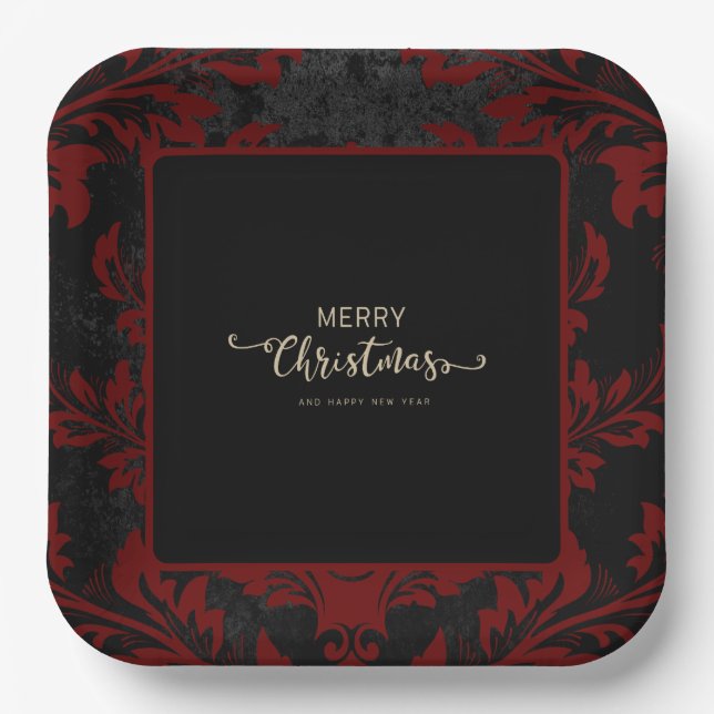 Eleganter, roter Damast Weihnachtsstanzkreuz Telle Pappteller (Vorderseite)