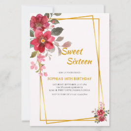 Eleganter Roter Flor 16 . Geburtstag Goldrahmen Einladung