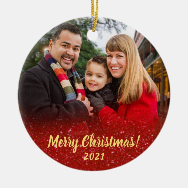 Eleganter Roter Glitzer Familie 2 Foto Weihnachten Keramik Ornament (Vorne)
