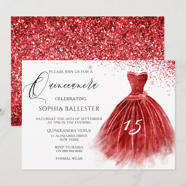 Eleganter Roter Glitzer Gown Quinceanera Party Einladung (Vorne/Hinten)