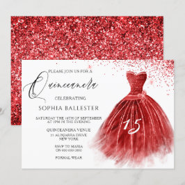 Eleganter Roter Glitzer Gown Quinceanera Party Einladung