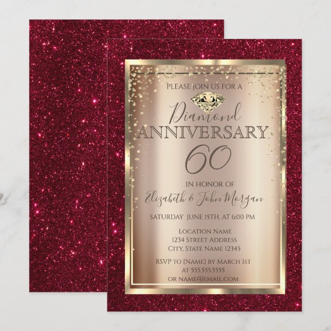 Eleganter Roter Glitzer Hochzeitstag Einladung (Vorne/Hinten)