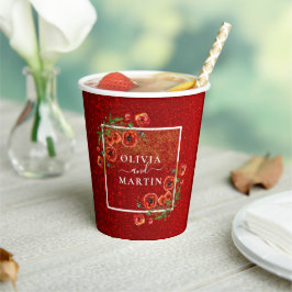 Eleganter Roter Glitzer Poppy Bloom Wedding Paper  Pappbecher