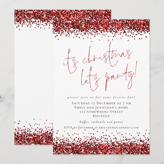 Eleganter Roter Glitzer Weihnachten Lasse Party Einladung (Vorne/Hinten)