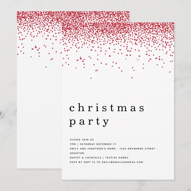 Eleganter Roter Glitzer Weihnachts-Party Einladung (Vorne/Hinten)