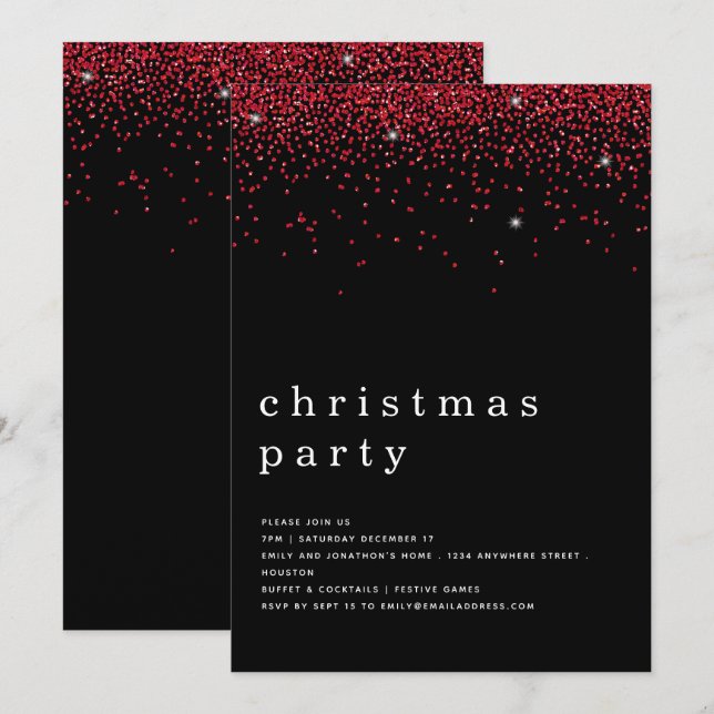 Eleganter Roter Glitzer Weihnachts-Party Schwarz Einladung (Vorne/Hinten)