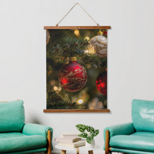 Eleganter roter Goldener Weihnachtsfeiertagsbaum Wandteppich Mit Holzrahmen