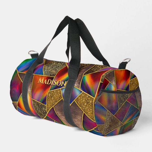 Eleganter roter goldholografischer geometrischer duffle bag (Rechte Ecke)