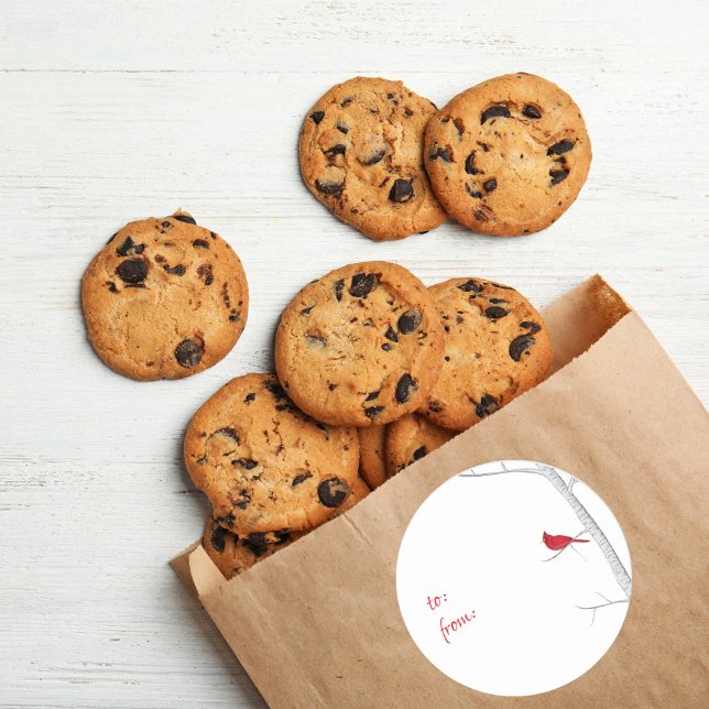 Eleganter Roter Kardinal Minimalistisch von Runder Aufkleber (Simple watercolor red cardinal circle sticker with "to" and "from" wording.)