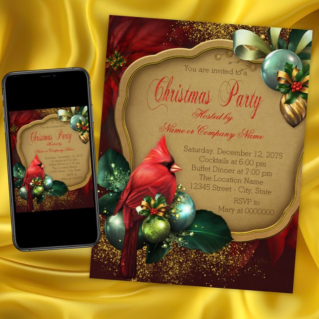 Eleganter Roter Kardinal Weihnachts-Party Einladung (Red Cardinal Christmas Party Invitation. Instant download and printed invitations available.)