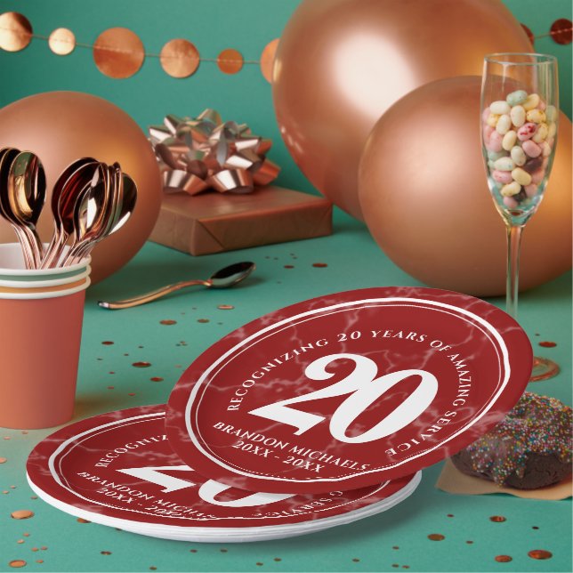 Eleganter Roter Marmor 20 Jahre Arbeit Jubiläum Pappteller (Multi)