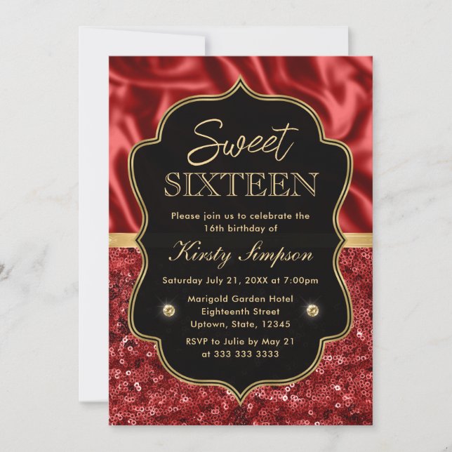 Eleganter Roter Satin & Glitzer Goldrahmen Sweet 1 Einladung (Vorderseite)