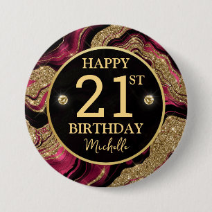 Eleganter roter und goldener Glitter-Achat-Geburts Button